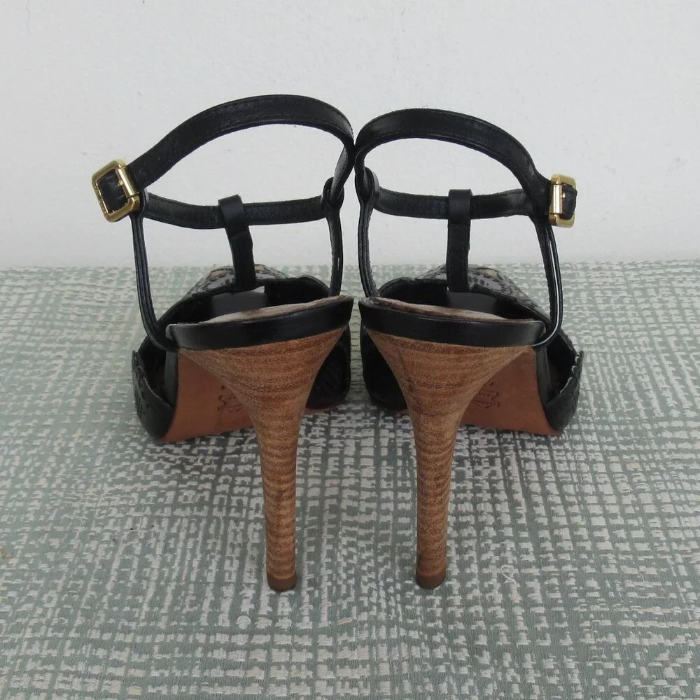 TORY BURCH, ALEXA Genuine Leather Peep Toe High Heel Sandal Black & Tan Sz. 6.5 - Picture 7 of 13